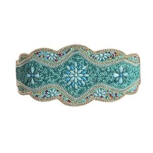 Bohemian Women Elastic Waist Belt Ethnic Beaded Flower Wide Waist Chain Strech
